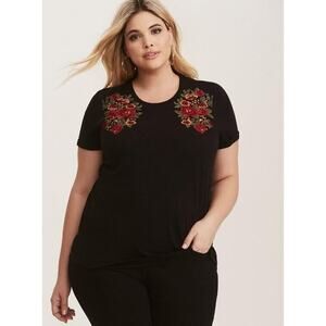 Torrid Black Burnout Boho T-Shirt Applied Floral Embroidery 00 M/L